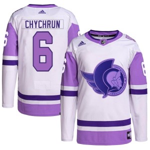 Men's Ottawa Senators Jakob Chychrun Adidas Authentic Hockey Fights Cancer Primegreen Jersey - White/Purple