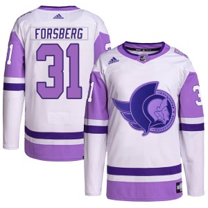 Men's Ottawa Senators Anton Forsberg Adidas Authentic Hockey Fights Cancer Primegreen Jersey - White/Purple
