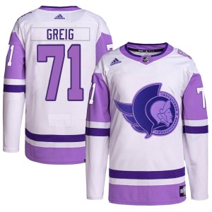Men's Ottawa Senators Ridly Greig Adidas Authentic Hockey Fights Cancer Primegreen Jersey - White/Purple