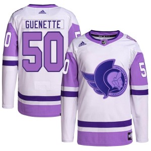 Men's Ottawa Senators Maxence Guenette Adidas Authentic Hockey Fights Cancer Primegreen Jersey - White/Purple