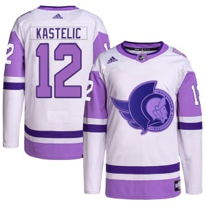 Men's Ottawa Senators Mark Kastelic Adidas Authentic Hockey Fights Cancer Primegreen Jersey - White/Purple