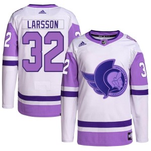 Men's Ottawa Senators Jacob Larsson Adidas Authentic Hockey Fights Cancer Primegreen Jersey - White/Purple